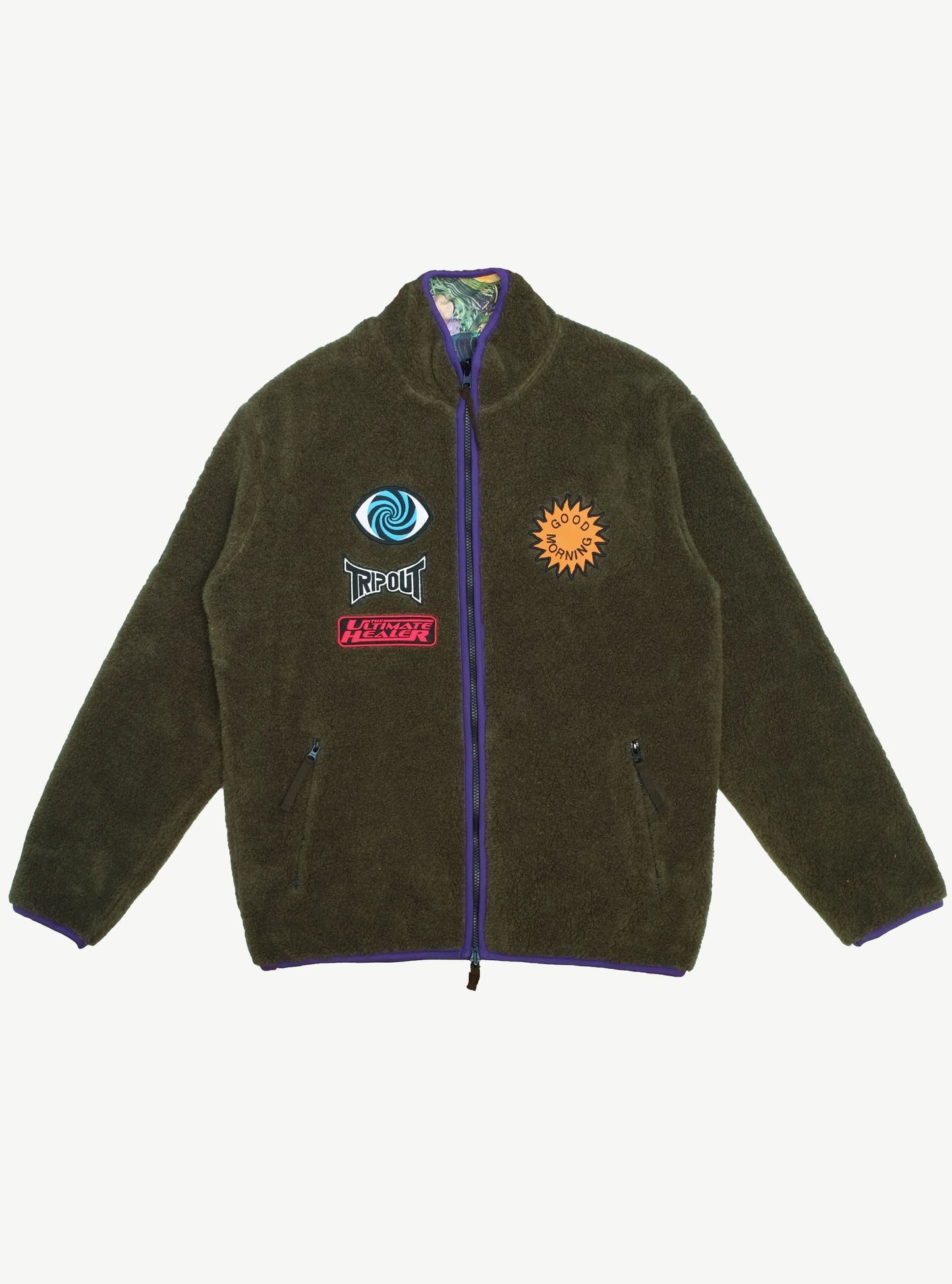 GMT Reversible Polar Fleece Zip Thru Jacket – Moss / Shrooms